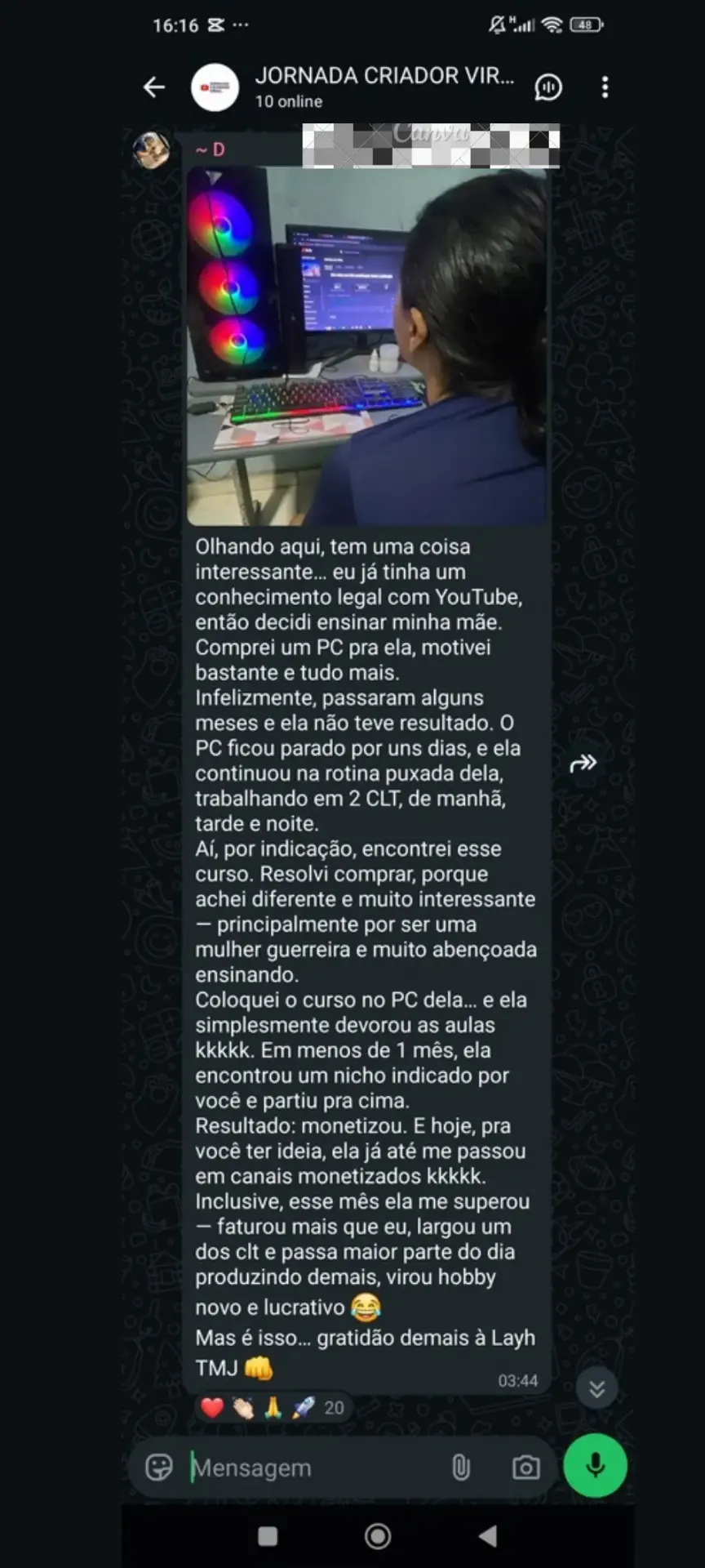 Prova social — resultado aluno Código Dark